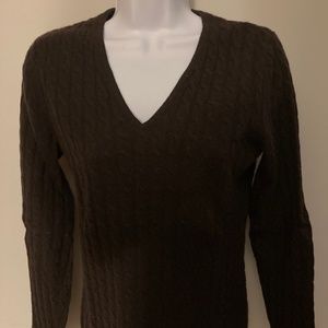 Women's Brown Cashmere Cable V-Neck Long Sleeve Sweater